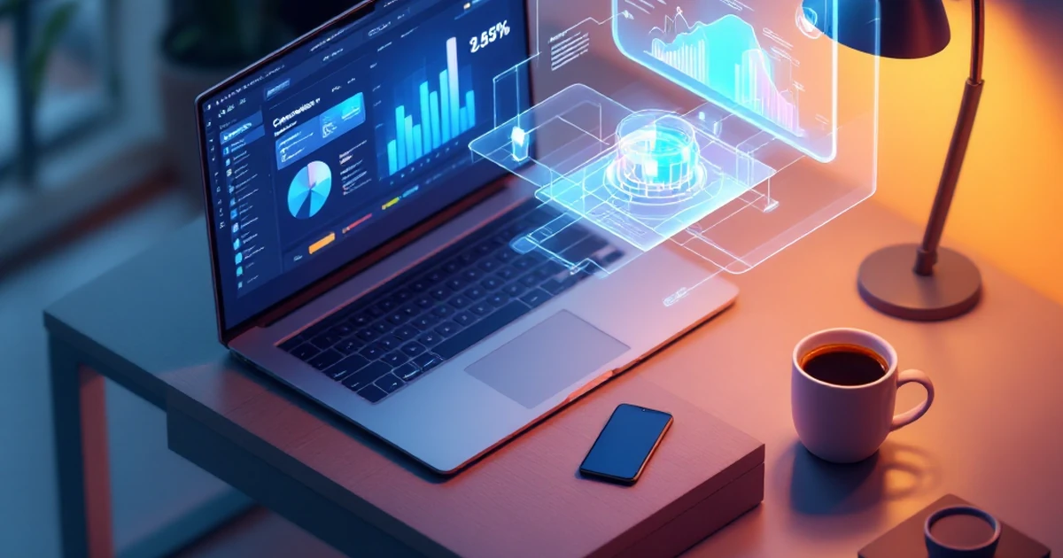 Modern workspace with AI tools and holographic content analytics display.