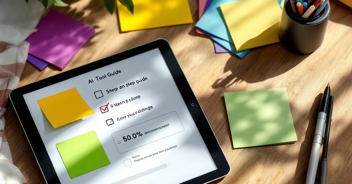 Checklist and digital tablet with progress bar for AI tool guide.