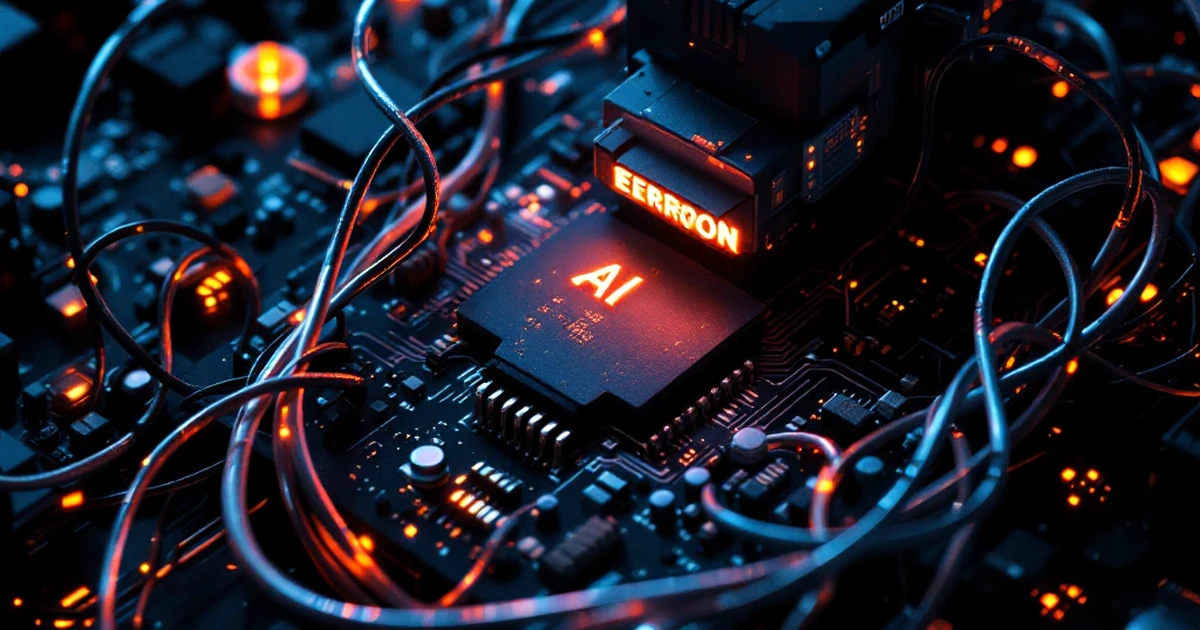 Abstract of tangled wires and broken circuit board with glowing error icons.