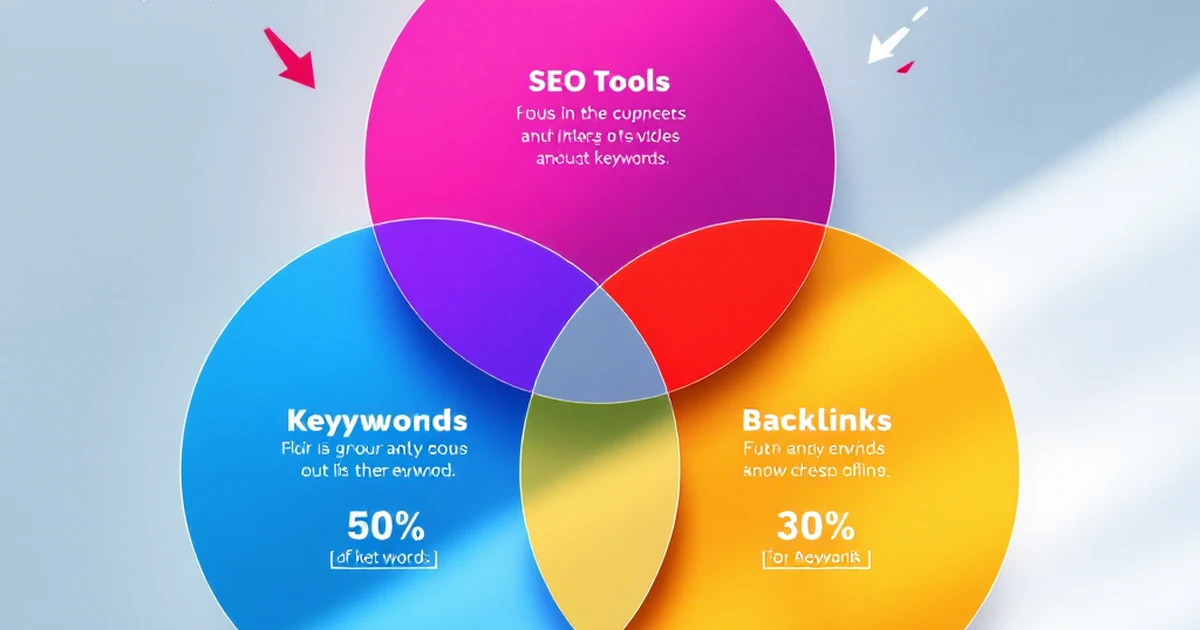 Editorial image comparing SEO tools with abstract Venn diagram and keyword, backlink icons.