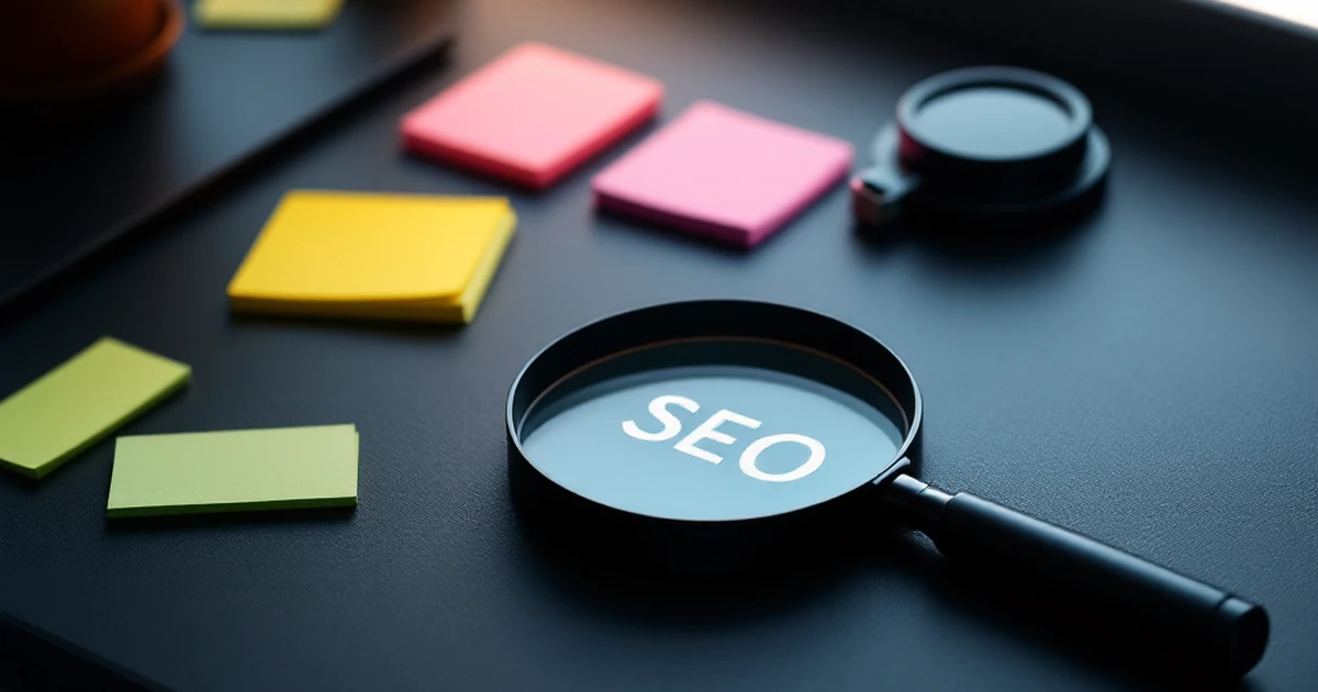 Product photography of SEO tools with magnifying glass and sticky notes on a black desk.