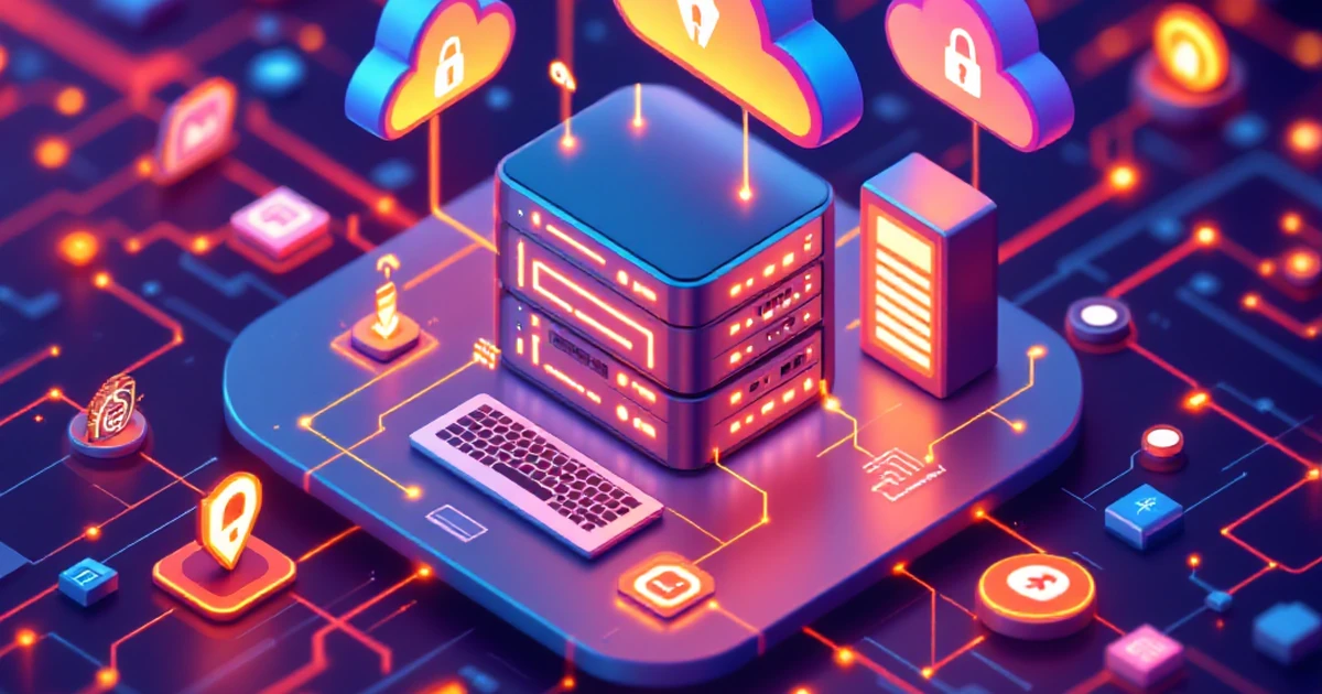 Isometric illustration of digital web hosting network with servers and cloud symbols.
