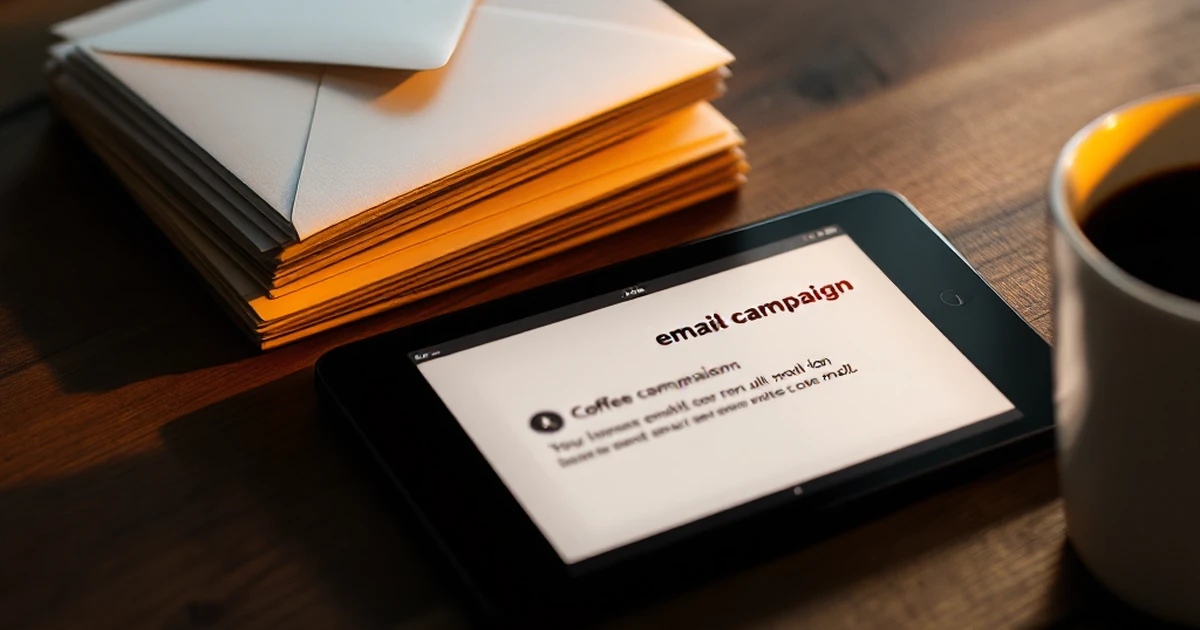 Email campaign success with envelopes and digital tablet.