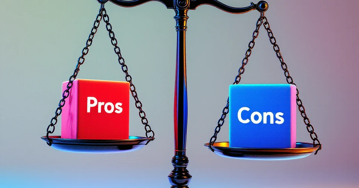 Scales with blocks labeled 'Pros' and 'Cons'.