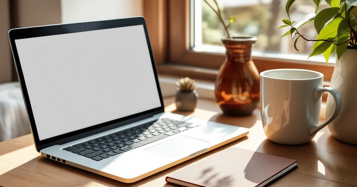 Workspace with laptop, notebook, and coffee, bathed in sunlight.
