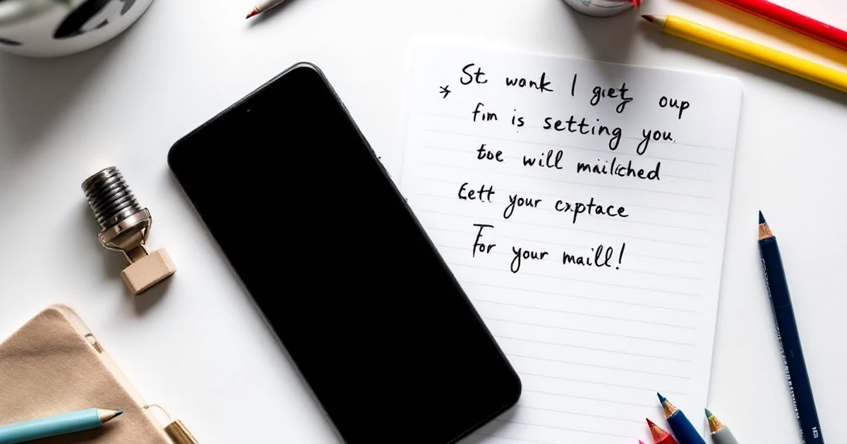 Flat lay of tools for setting up Mailchimp, including a smartphone and notepad.