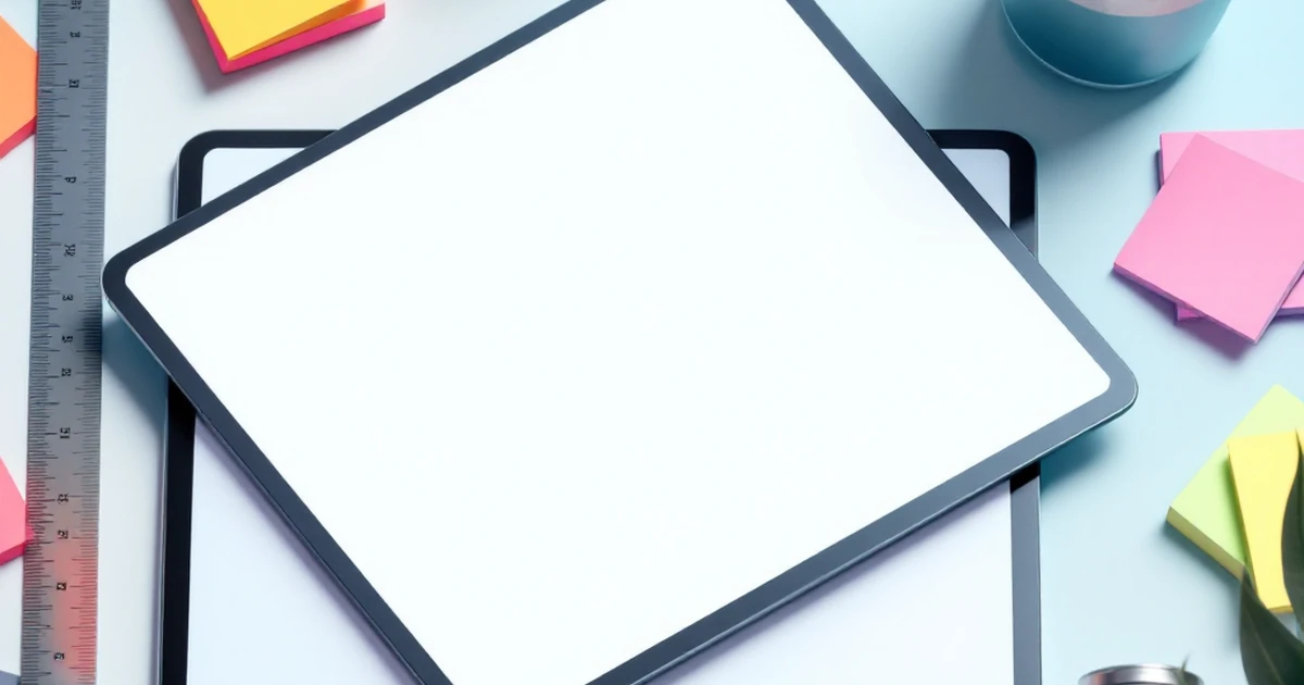 Isometric view of a digital marketing setup with a tablet and stationery.