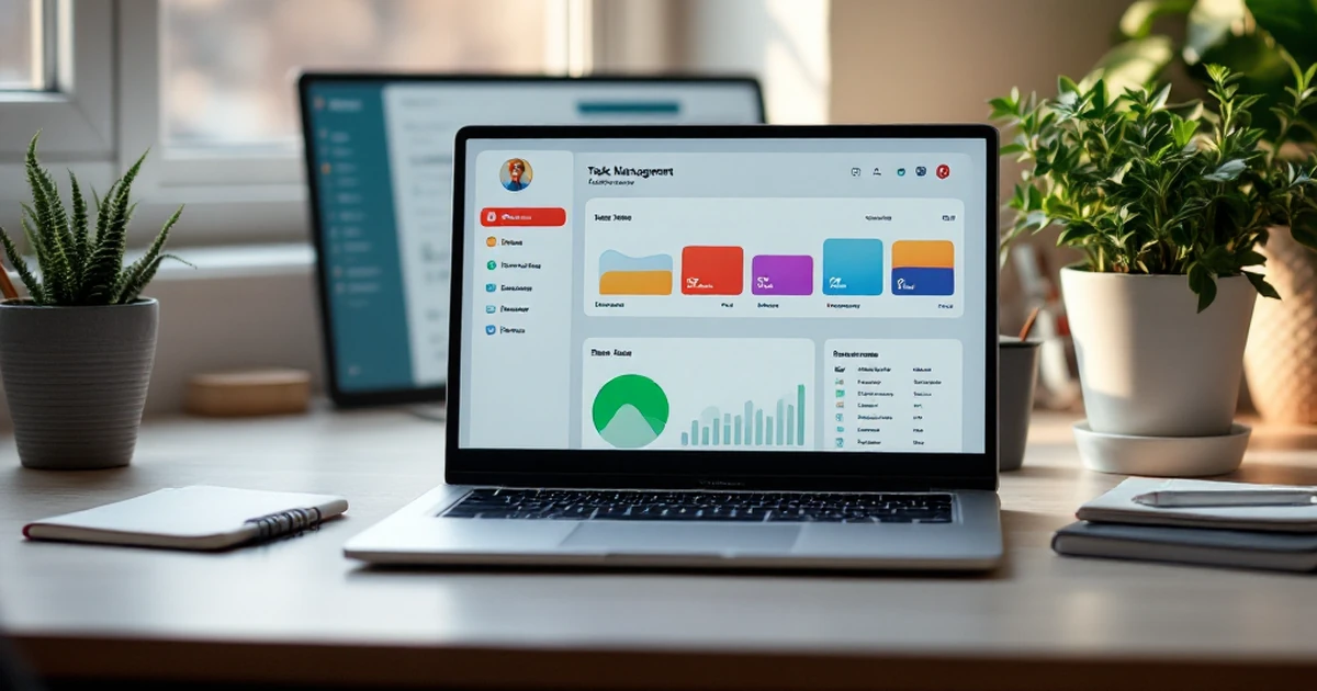 Desk setup with laptop showing task management dashboard, notebook, and plant.