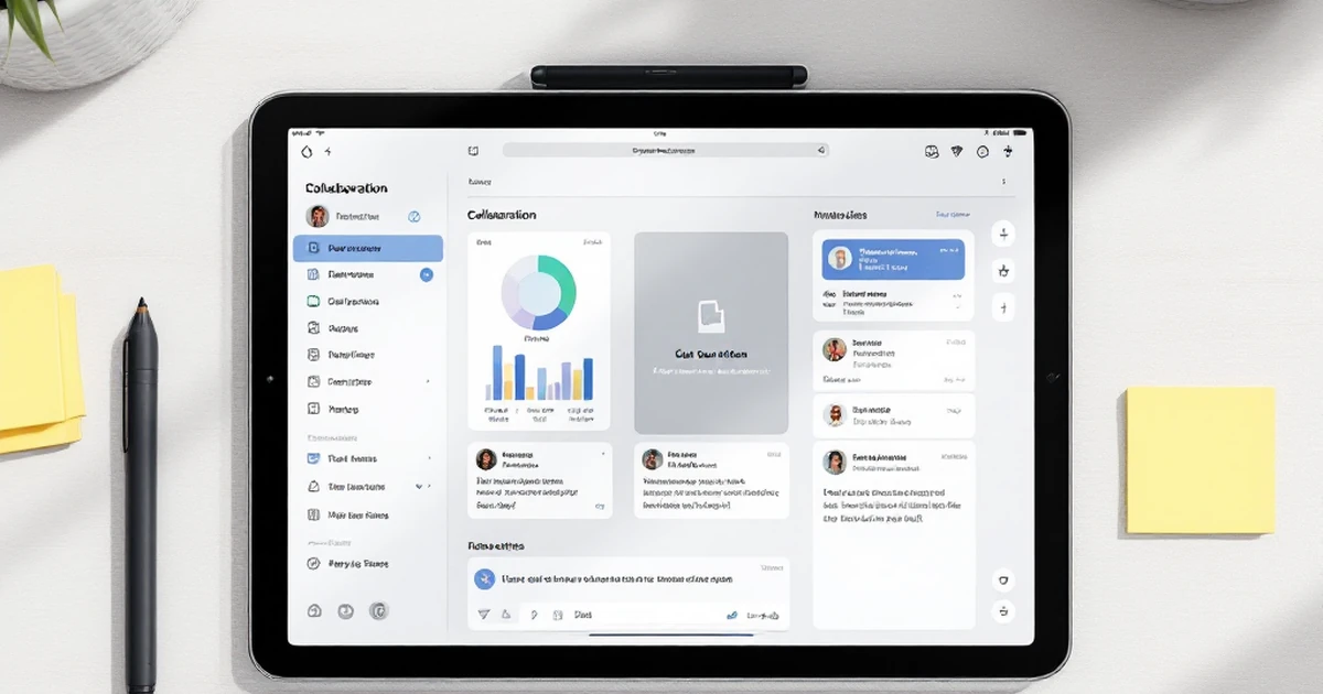 Tablet with collaboration app, sticky notes, and stylus on wooden surface.
