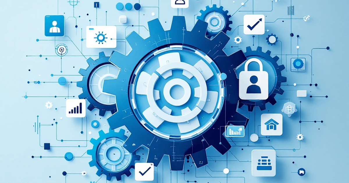 Abstract gears and digital symbols for troubleshooting.