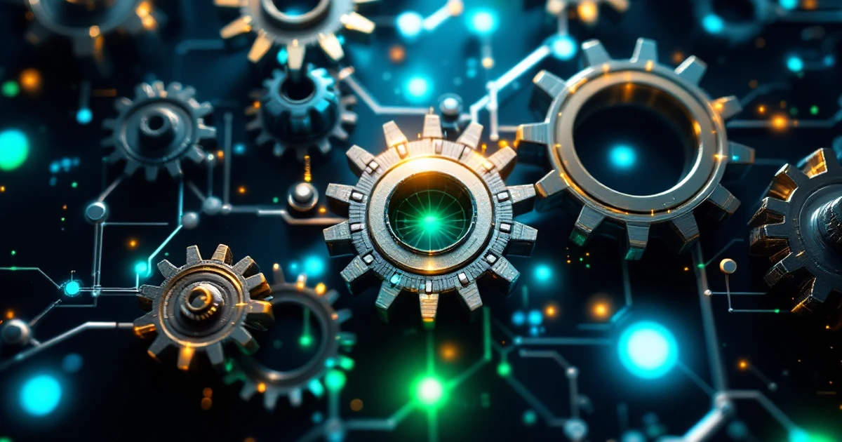 Abstract image of interconnected gears with digital icons representing teamwork efficiency.