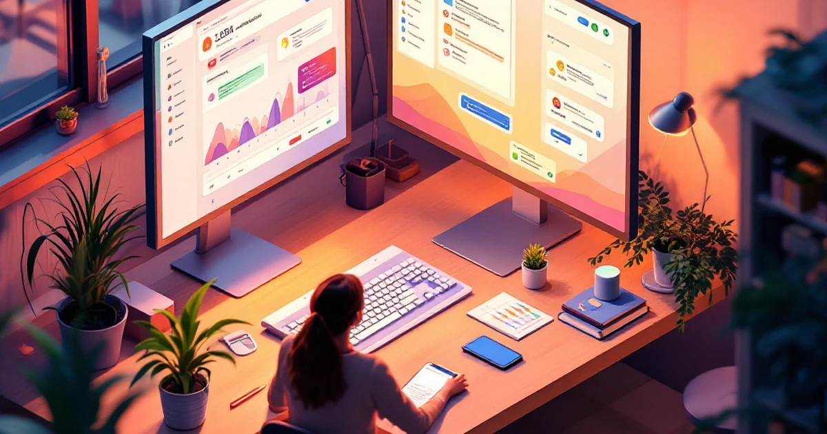 Isometric digital workspace featuring project management, chat, and cloud storage tool icons.