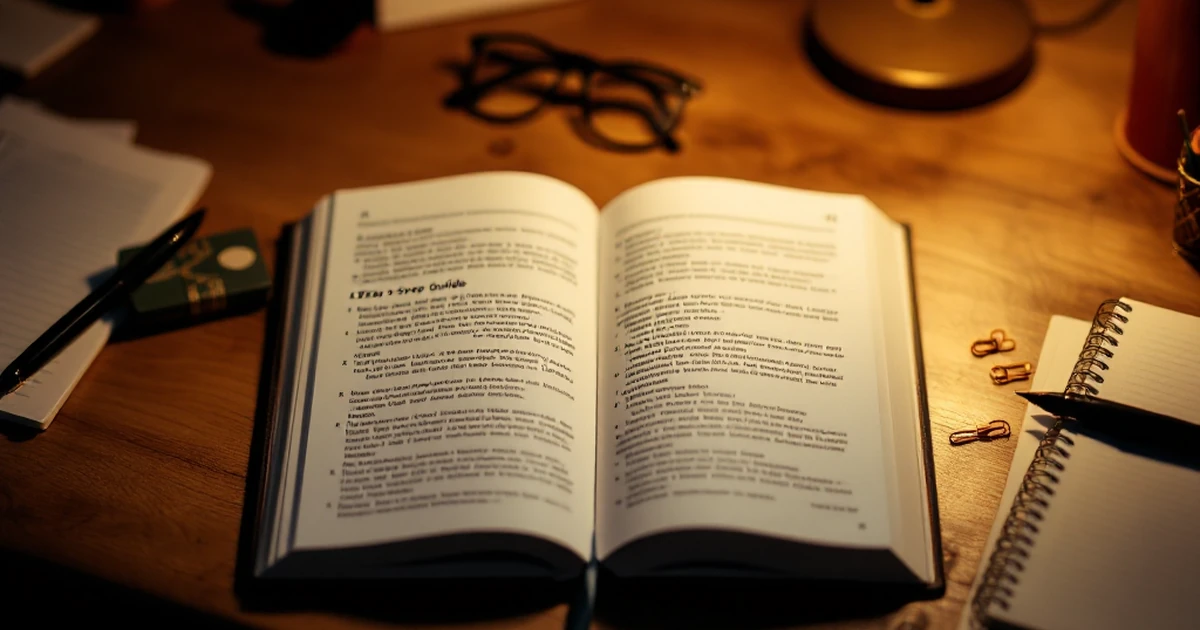 Open guide book on wooden desk with pen and notebook, under cozy desk lamp lighting.