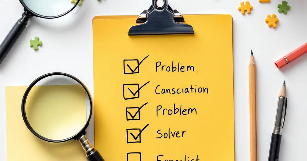 Flat lay of problem-solving tools such as magnifying glass, checklist, pencil, and puzzle pieces.