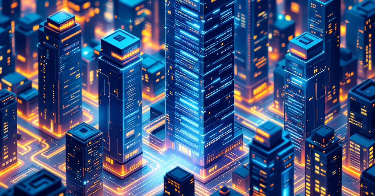 Isometric futuristic cityscape symbolizing digital web hosting.