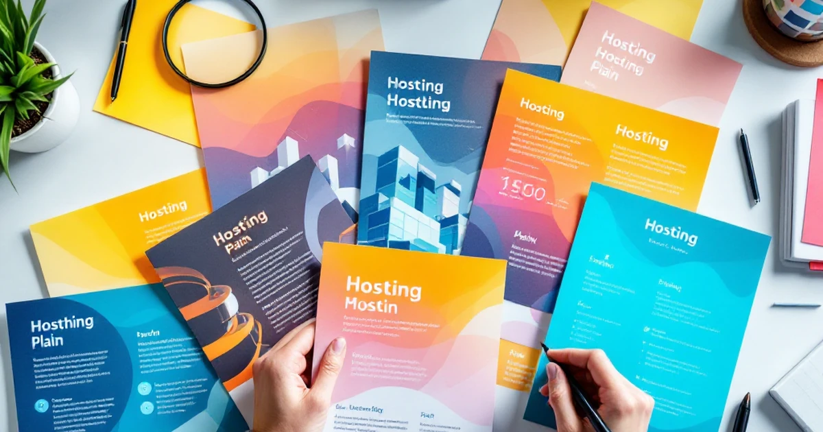 Workspace with web hosting plan brochures and office supplies.