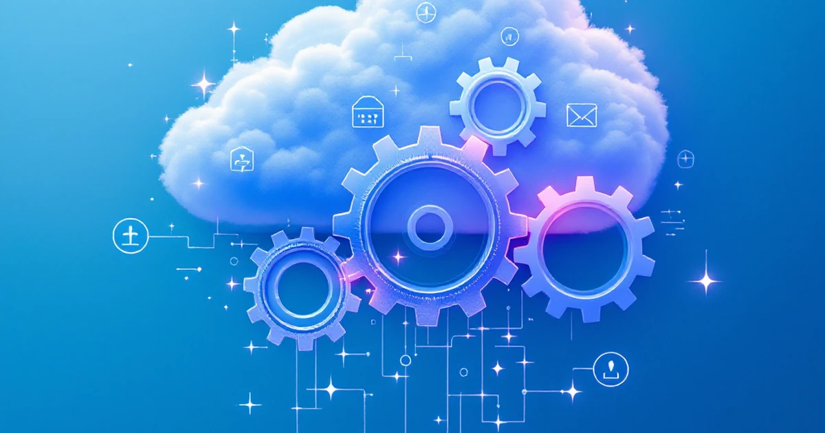 Abstract visual of digital gears and cloud icons for troubleshooting.