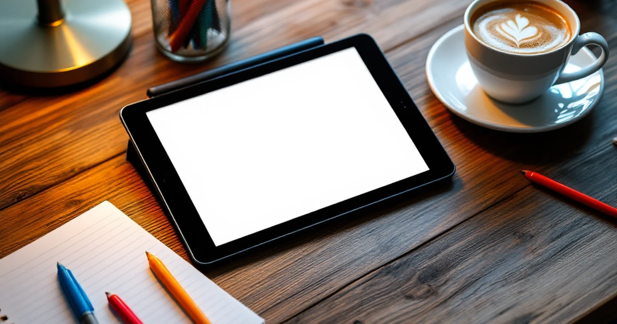 Email marketing tools on a desk with tablet and notebook