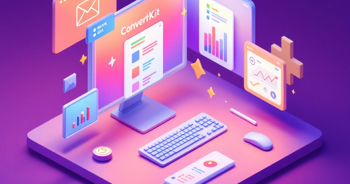 Isometric digital workspace with ConvertKit icons