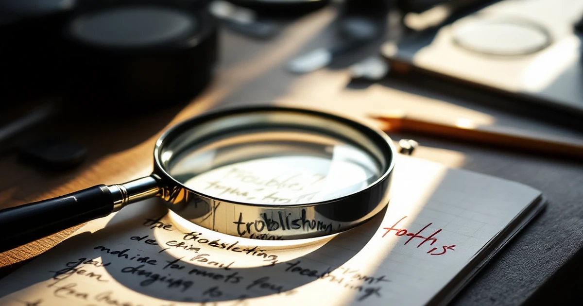 Troubleshooting tools like a magnifying glass and notes on a desk