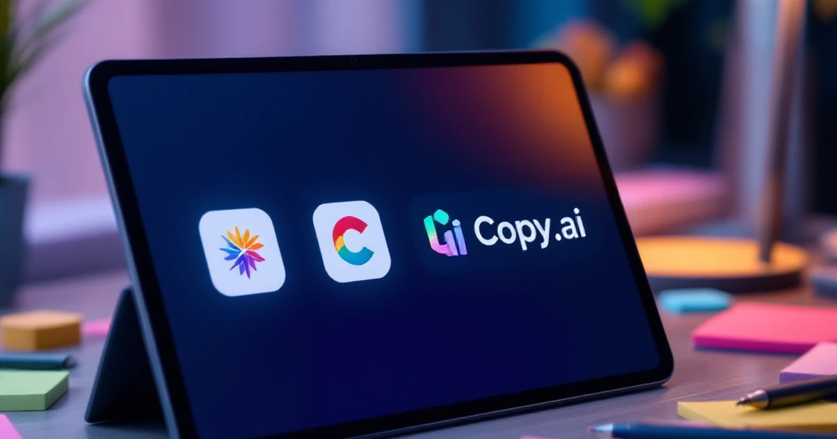 AI software icons on a tablet with sticky notes and a pen.