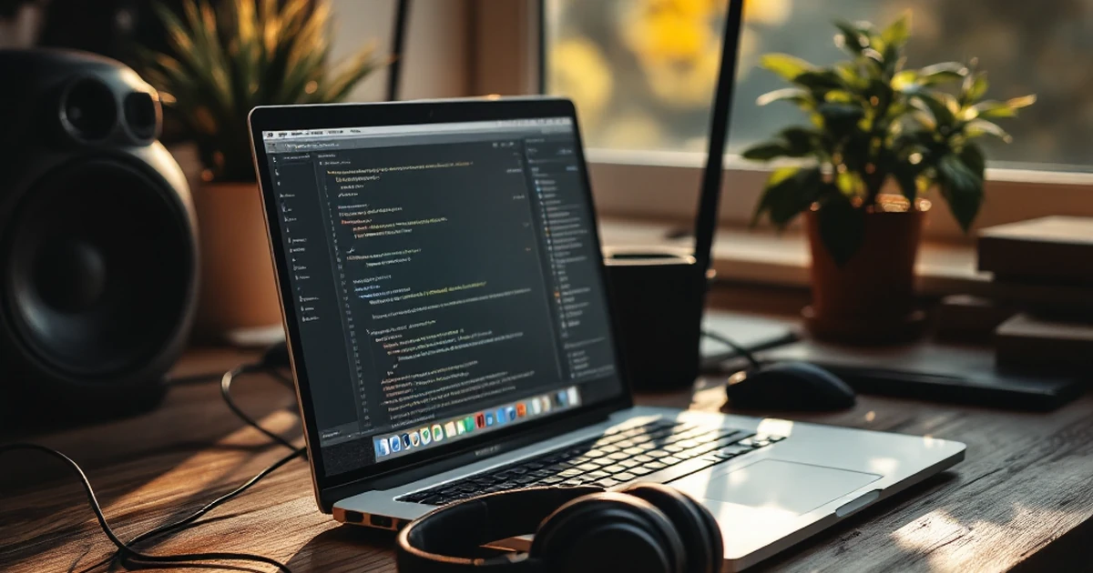 Cozy writing setup with laptop, router, and headphones on a desk.