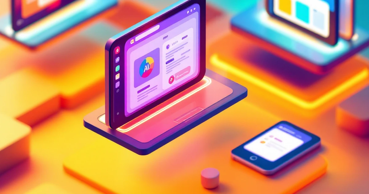 Isometric view of AI tool interfaces on floating screens.