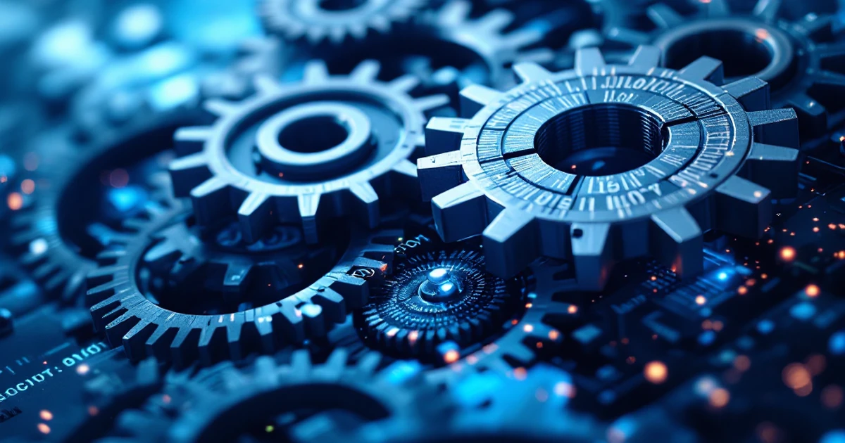 Gears and digital code patterns symbolizing troubleshooting.