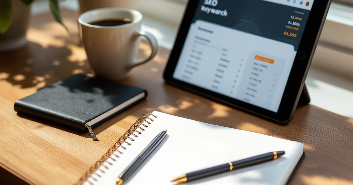 Workspace setup with a notebook, pen, coffee, and tablet showing keyword data.