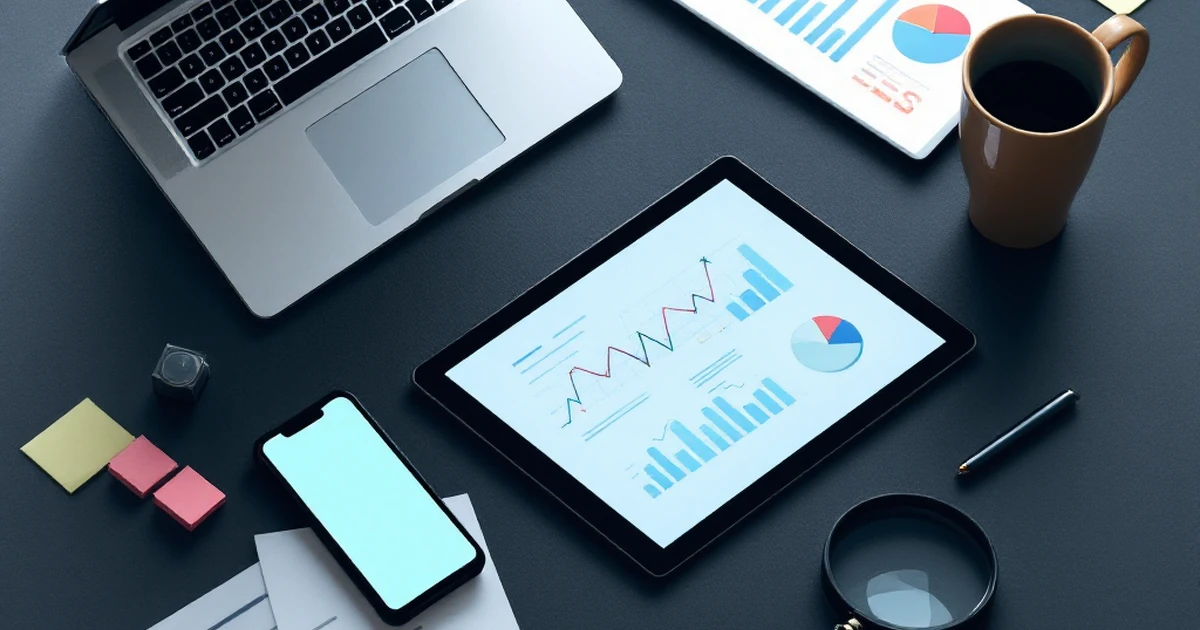 Isometric view of SEO tools with laptop, smartphone, and tablet displaying graphs.