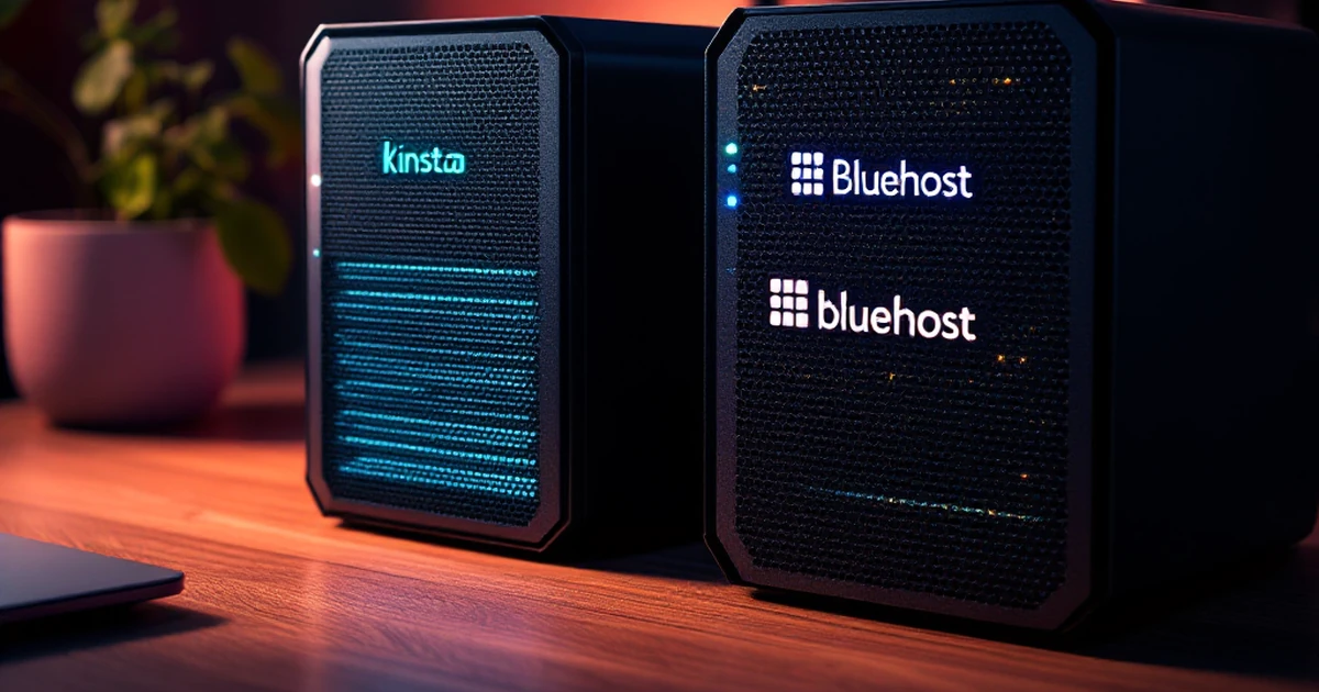 Modern workspace with server models symbolizing Kinsta and Bluehost.