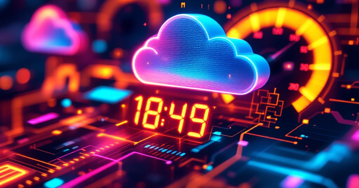 Abstract digital meters and cloud icons representing hosting performance.