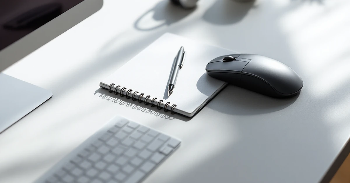 Product shot of a desk setup with mouse, keyboard, and notebook representing ease of use.