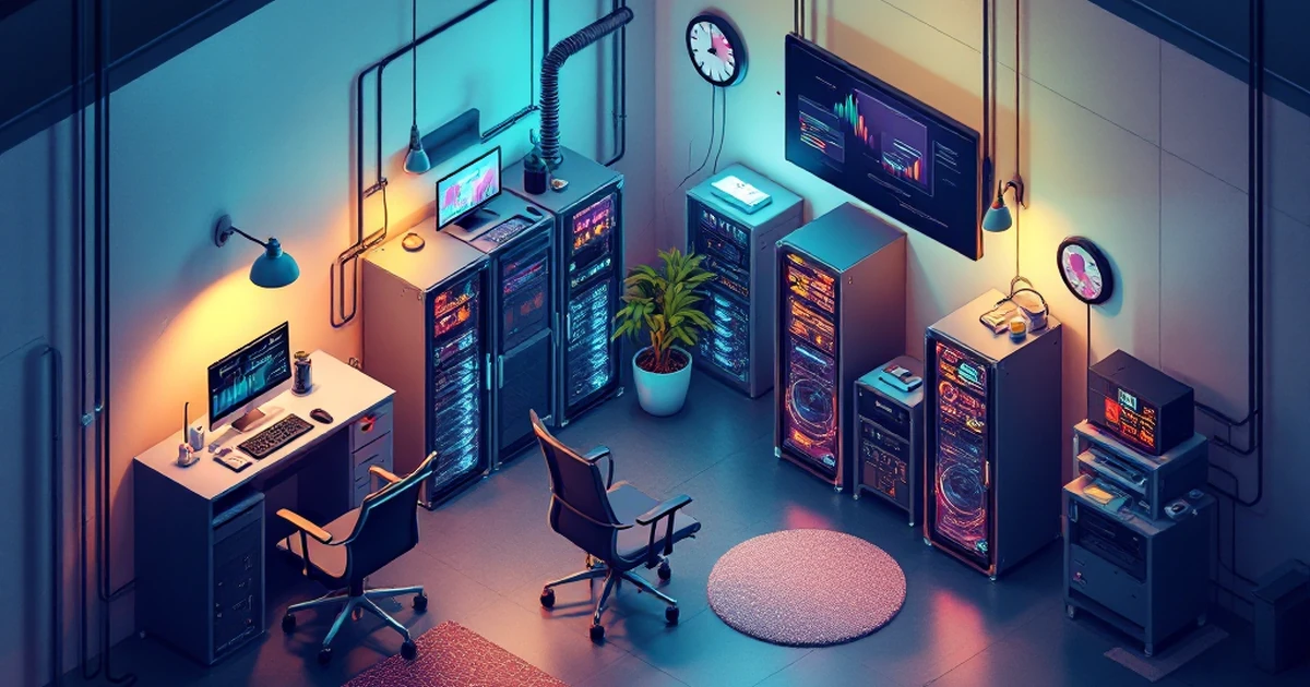 Isometric view of an office with server racks and network cables.