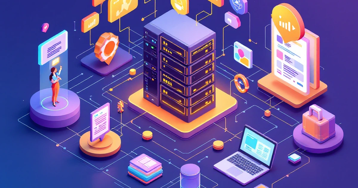 Isometric view of icons representing hosting use cases like business and blogs.