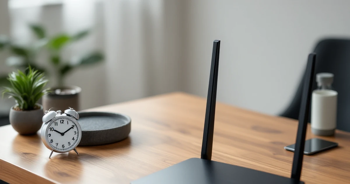 Hosting service features with router and checklist on a wooden table.