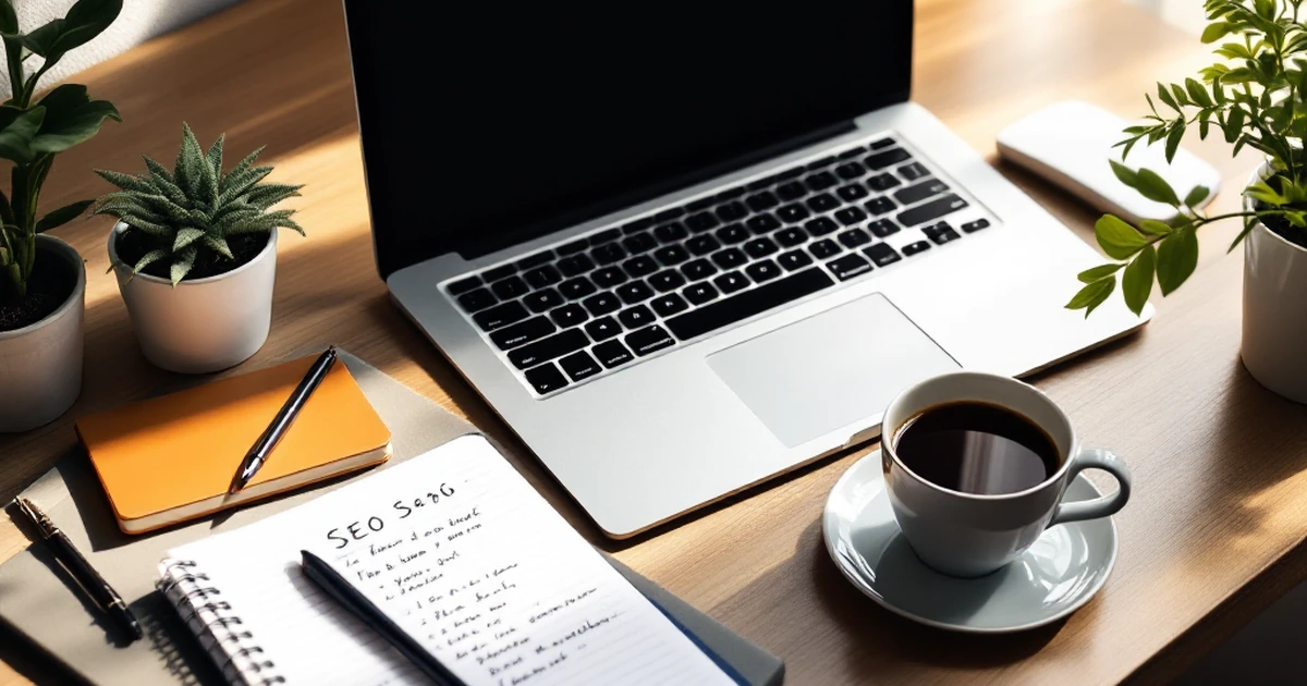 Organized desk setup with a notepad, coffee, and plant for SEO work.