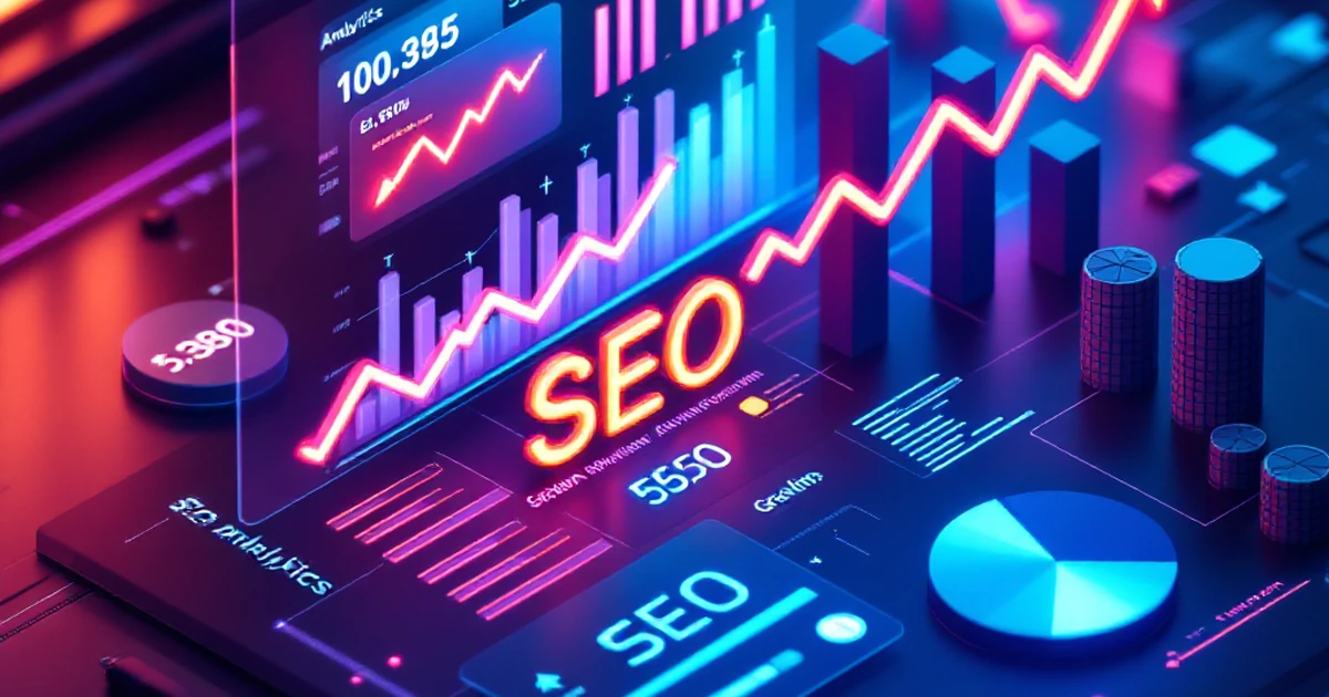 Futuristic isometric view of a dashboard with SEO analytics elements.