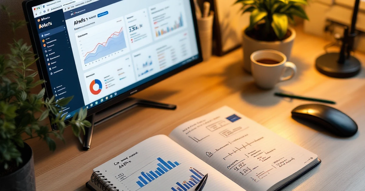 Workspace with notebook, coffee, and plant, perfect for Ahrefs analysis.