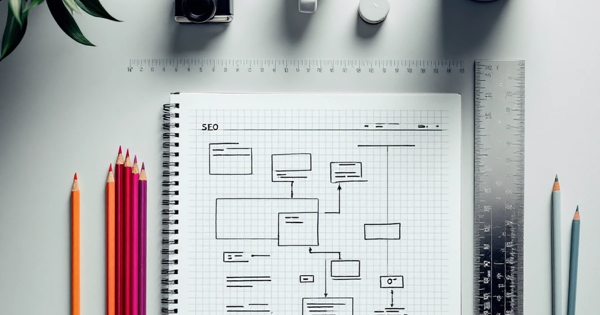 SEO tools and resources with grid paper, ruler, and pencils arranged neatly.