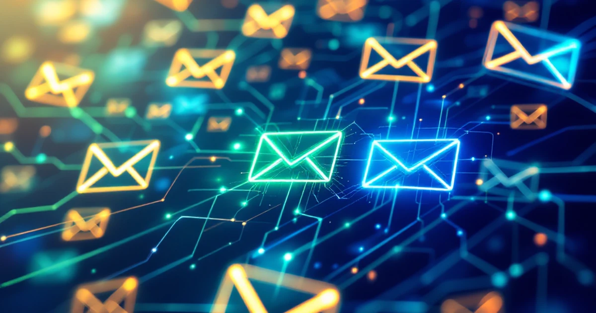 Abstract illustration of digital email icons connected by lines.