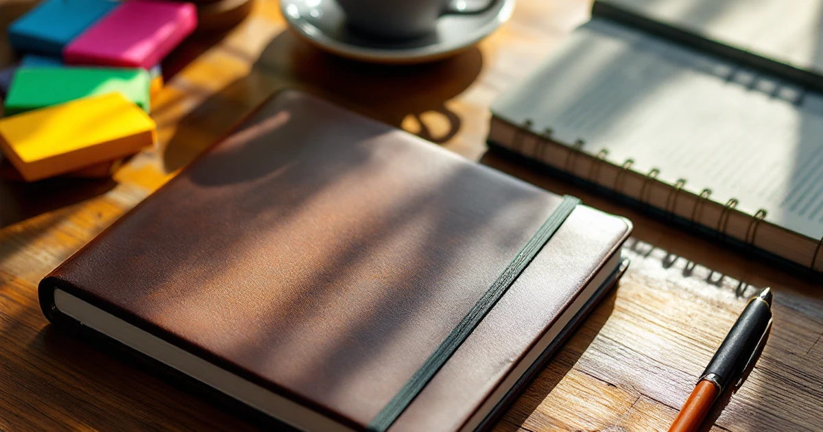 Email marketing tools on wood table with planner and coffee.