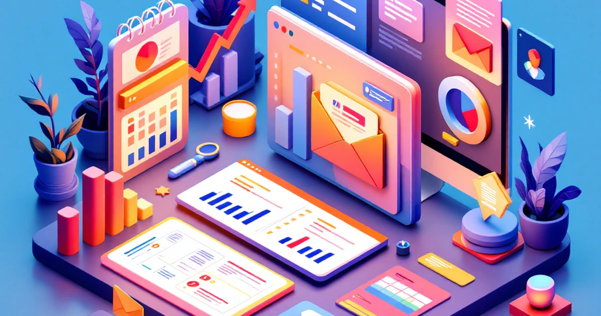 Isometric digital workspace with email planning elements.