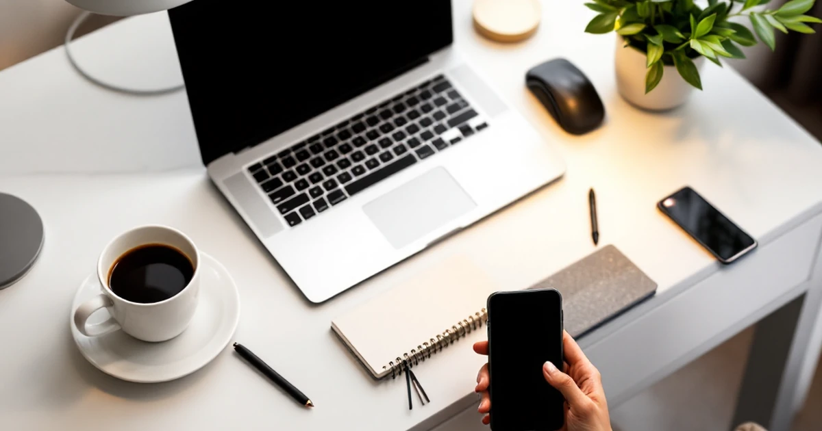 Workspace with laptop, notebook, smartphone, coffee, and plant on a desk.