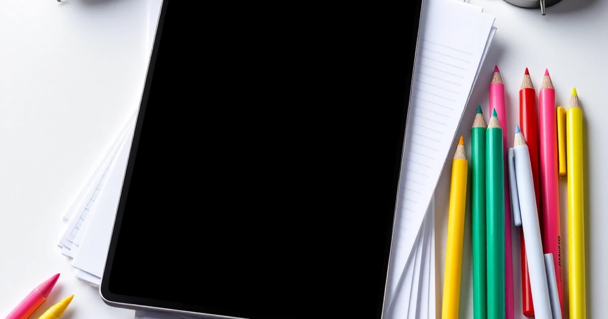 Product photo of tablet, papers, pens, and a clock for keyword research setup.