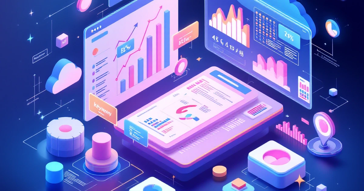 Isometric view of digital tools with charts and keyword bubbles.