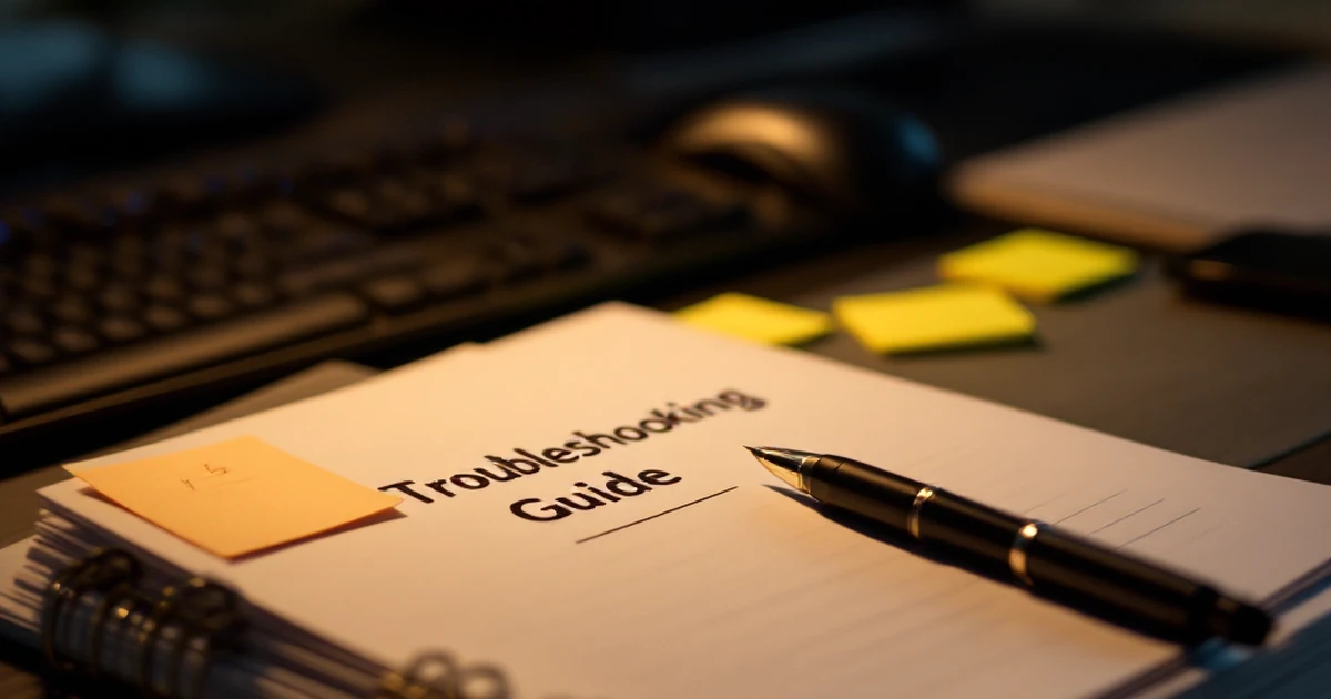 Troubleshooting guidebook with sticky notes and pen on a desk.