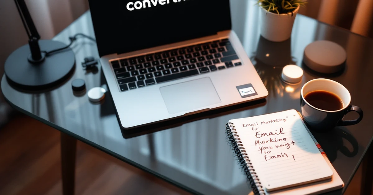 Workspace with laptop, notebook, and coffee for email marketing with ConvertKit.