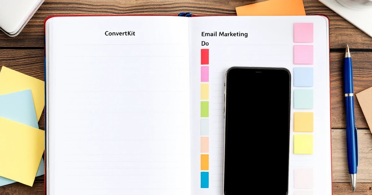 Planner, smartphone, and sticky notes for setting up email marketing tools.