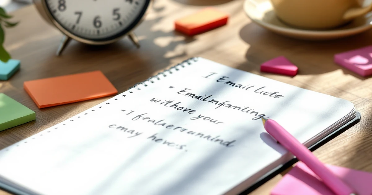 Modern workspace with email marketing setup including notepad and sticky notes.